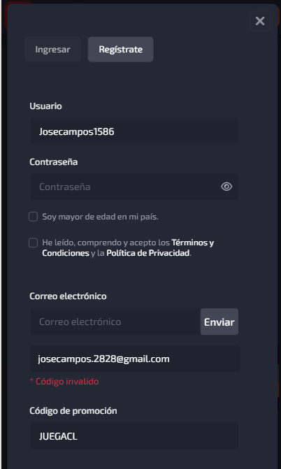 formulario de registro en juegaenlinea con el codigo JUEGACL