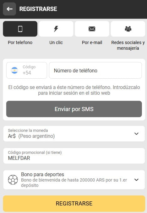 registro melbet con el codigo promocional