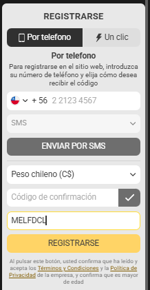 formulario registro en melbet con el código MELFDCL
